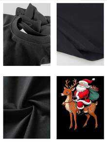 Camiseta masculina de manga corta con estampado navideño de reno y figura festiva, diseño alegre y cómodo para fiestas, ocasiones casuales y regalos especiales - Negro - Ver 4