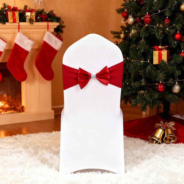 5 Stück/10 Stück/25 Stück weinrote elastische Spandex Stuhlschärpen mit Strass-Schnalle, dehnbare Schleifen-Stuhldekorationen für Hochzeit, Party, Hotel, Veranstaltungen