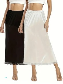 2 件套纯色中长裙，带精致蕾丝花边，松紧腰，女士内衣和塑身衬裙