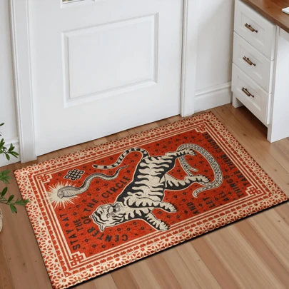 1pc Vintage Tiger Art Print Rug, Faux Wool Mat - Highly Absorbent, Easy To Clean, Suitable For Home Decor, Farmhouse, Entryway, Indoor, Room, Kitchen, Dining Room, Small Office/Home Office, Sink, Laundry Room, Doormat, Kitchen Mat, Non-Slip Mat