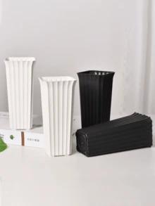 Nowoczesny, czarno-biały, plastikowy wazon na kwiaty w pionowe paski – cylindryczna doniczka do wystroju domu, ozdoba na biurko do salonu, nie wymaga prądu, wazony na kwiaty do wystroju domu