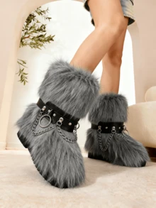Women's Winter Furry Snow Boots Fuzzy Fluffy Round Toe Suede Booties Flat Heel Slip On Outdoor Indoor Shoes Fashion Warm Fluffy Shoes