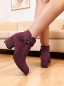 大码女式粗跟高跟纯黑色休闲侧拉链爱心装饰绑带踝靴,舒适宽楦 - 酒紅色 - 查看 4