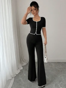Conjunto de 2 piezas para mujer con top elegante de botones delanteros y pantalones para uso casual y de oficina - Negro - Ver 8