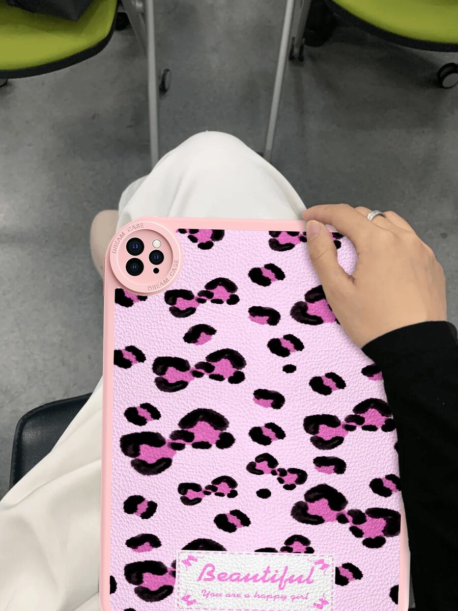 1个粉色豹纹蝴蝶结图案简约优雅可爱趣味风格防震平板电脑保护套，适用于华为MatePad 10.4英寸，内置360度加厚防摔皮革iPad 10.2英寸平板电脑保护套 - 彩色 - 查看 1
