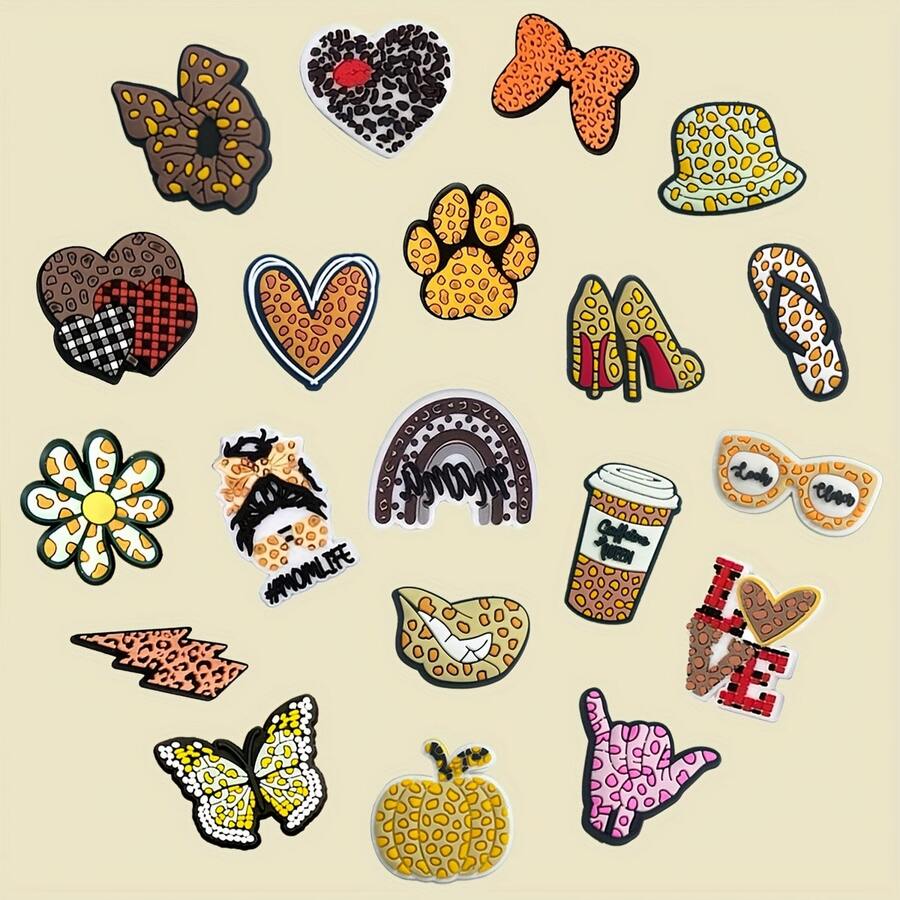 20 Peças Conjunto de Decorações de Sapato Estampa de Leopardo Cartoon, Encantos de Sapato Bolsa de Praia PVC, Presente de Acessórios de Sapato para Festa de Aniversário, Natal, Dia dos Namorados, Halloween