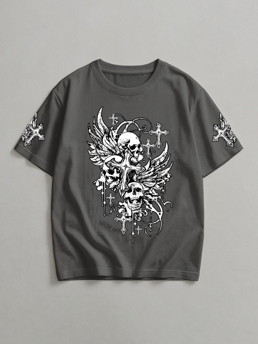 Basic Gothic Skull And Cross T-Shirt Men's Shirt - Màu xám đen - Xem 1