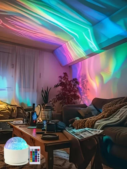 1个极光LED投影仪 - USB供电，RGB氛围灯，遥控亮度调节，呈现惊艳的星系和星云效果，适用于万圣节、房间装饰、卧室、客厅或办公室，是14岁以上青少年理想的卧室夜灯。