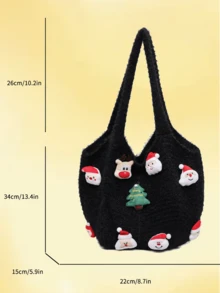 1pc, Versatile Fashion , High-Value Niche Design, Hand Bill Of Lading Shoulder Tote Bag, Contrast Knitted Fabric, Multi-Color Optional Large-Capacity Fan-Shaped Bag For Santa Claus Christmas Tree Deer Decoration, Suitable For Ladies' Daily Commuting And Shopping Occasions.