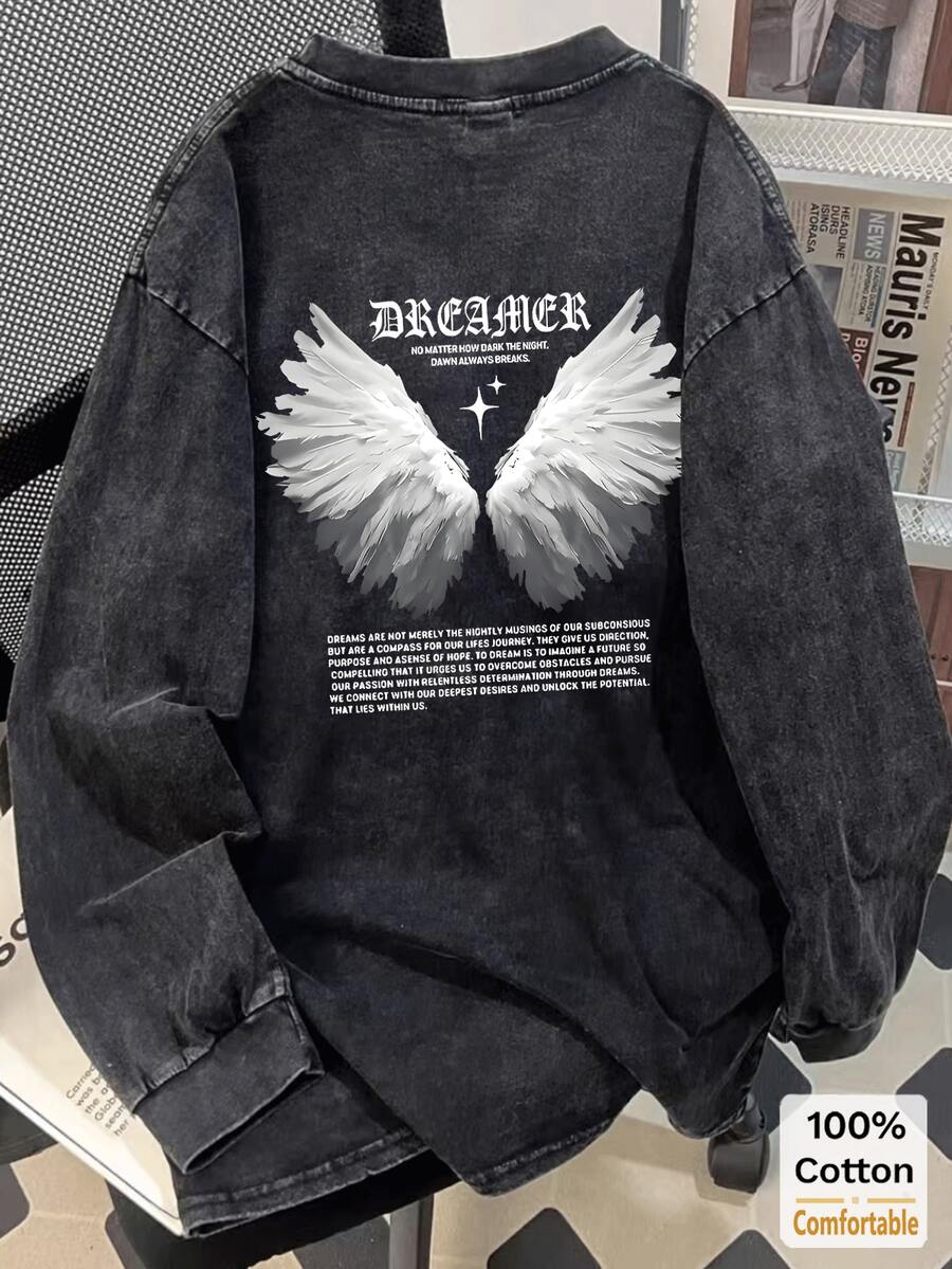 Oversized Vintage BlackWashed Long Sleeve T-Shirt For Women, Wing ...