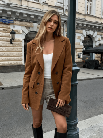 Elegante blazer de pana marrón para mujer con doble botón, manga larga, ajuste regular con bolsillos, perfecto para días laborales en otoño, reuniones de fin de semana, eventos de Acción de Gracias y citas informales