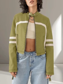 Women's Faux Leather Jackets Zip Up Stand Collar Cropped Viral Must-Have PU Coats Christmas Gift & New Year Gift - 綠色 - 查看 1