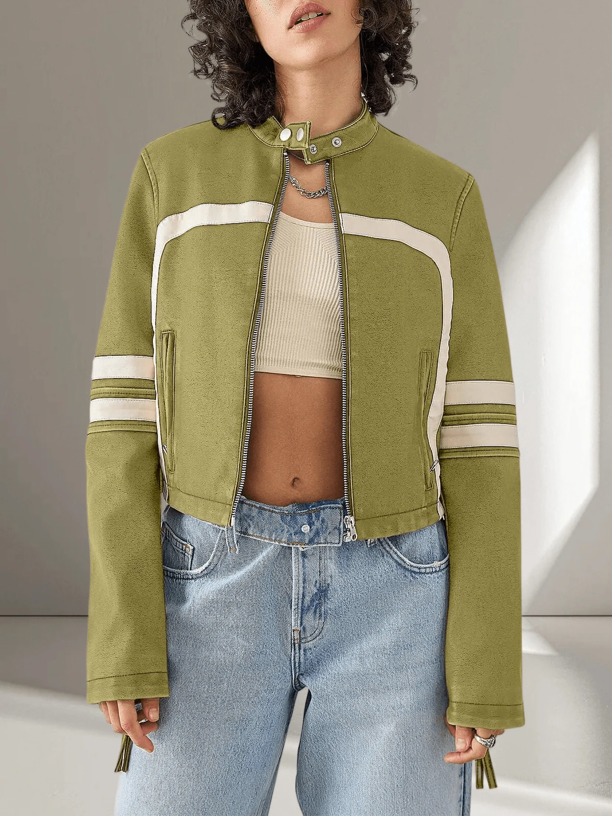 Women's Faux Leather Jackets Zip Up Stand Collar Cropped Viral Must-Have PU Coats Christmas Gift & New Year Gift - 綠色 - 查看 1