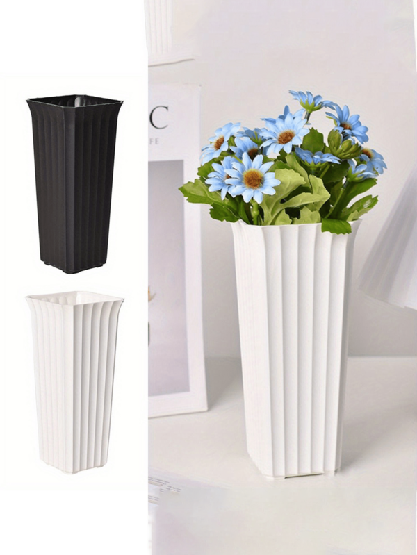 Nowoczesny, czarno-biały, plastikowy wazon na kwiaty w pionowe paski – cylindryczna doniczka do wystroju domu, ozdoba na biurko do salonu, nie wymaga prądu, wazony na kwiaty do wystroju domu