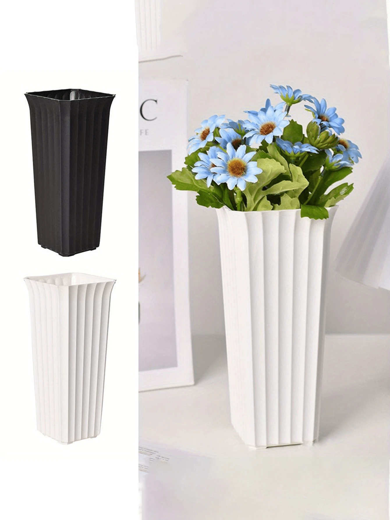 Nowoczesny, czarno-biały, plastikowy wazon na kwiaty w pionowe paski – cylindryczna doniczka do wystroju domu, ozdoba na biurko do salonu, nie wymaga prądu, wazony na kwiaty do wystroju domu