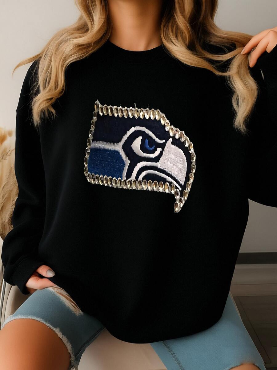 Seattle Distressed Bling Hat | Women's Rhinestone Baseball Cap | Seahawks Game Day Sparkle Hat |  Fan Gift | Football Spirit Wear Sweatshirt - 黑色 - 查看 1