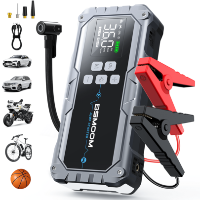 BSMOOM 8000A Car Jump Starter With Air Compressor | Portable Power Pack, Extended Jumper Cables, Fast Charging, LED Display Screen & 3 Modes Indicator Lights - Protection For All Gasoline/2.64gal Engines, Roadside Assistance