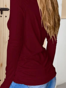 Fisoew Women's Long Sleeve Thumb Hole T Shirt Crew Neck Plain Design Casual Ruched Tee Top - Màu Đỏ Sâu - Xem 2