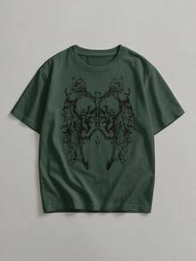 Men's Round Neck Short Sleeve T-Shirt With Graphic Print - Army Green - View 1