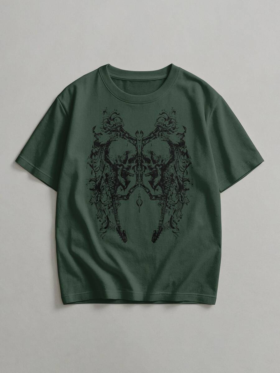 Men's Round Neck Short Sleeve T-Shirt With Graphic Print - Army Green - View 1