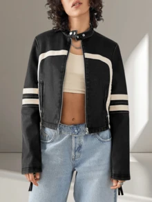 Women's Faux Leather Jackets Zip Up Stand Collar Cropped Viral Must-Have PU Coats Christmas Gift & New Year Gift - màu đen - Xem 2