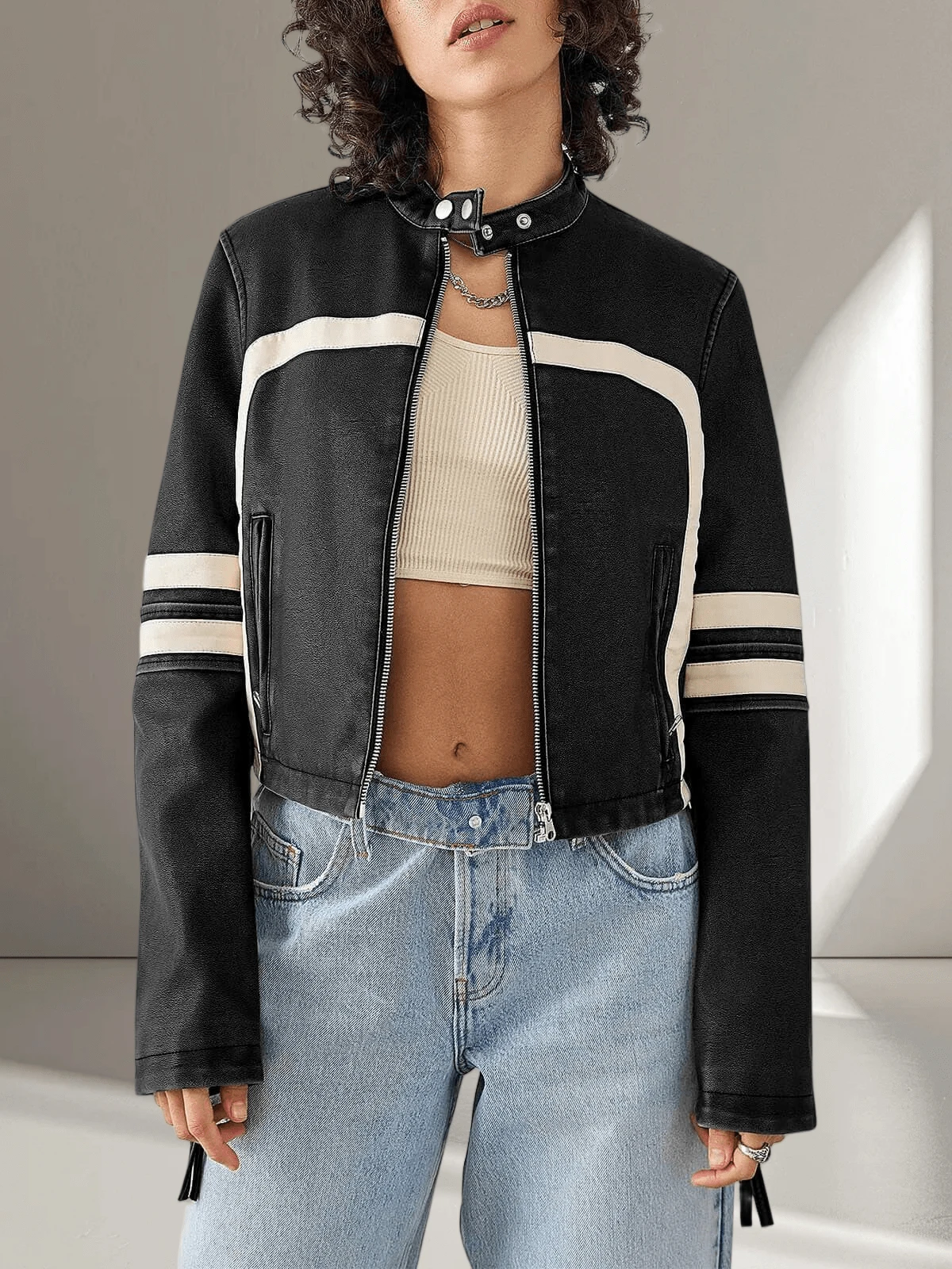 Women's Faux Leather Jackets Zip Up Stand Collar Cropped Viral Must-Have PU Coats Christmas Gift & New Year Gift - màu đen - Xem 1