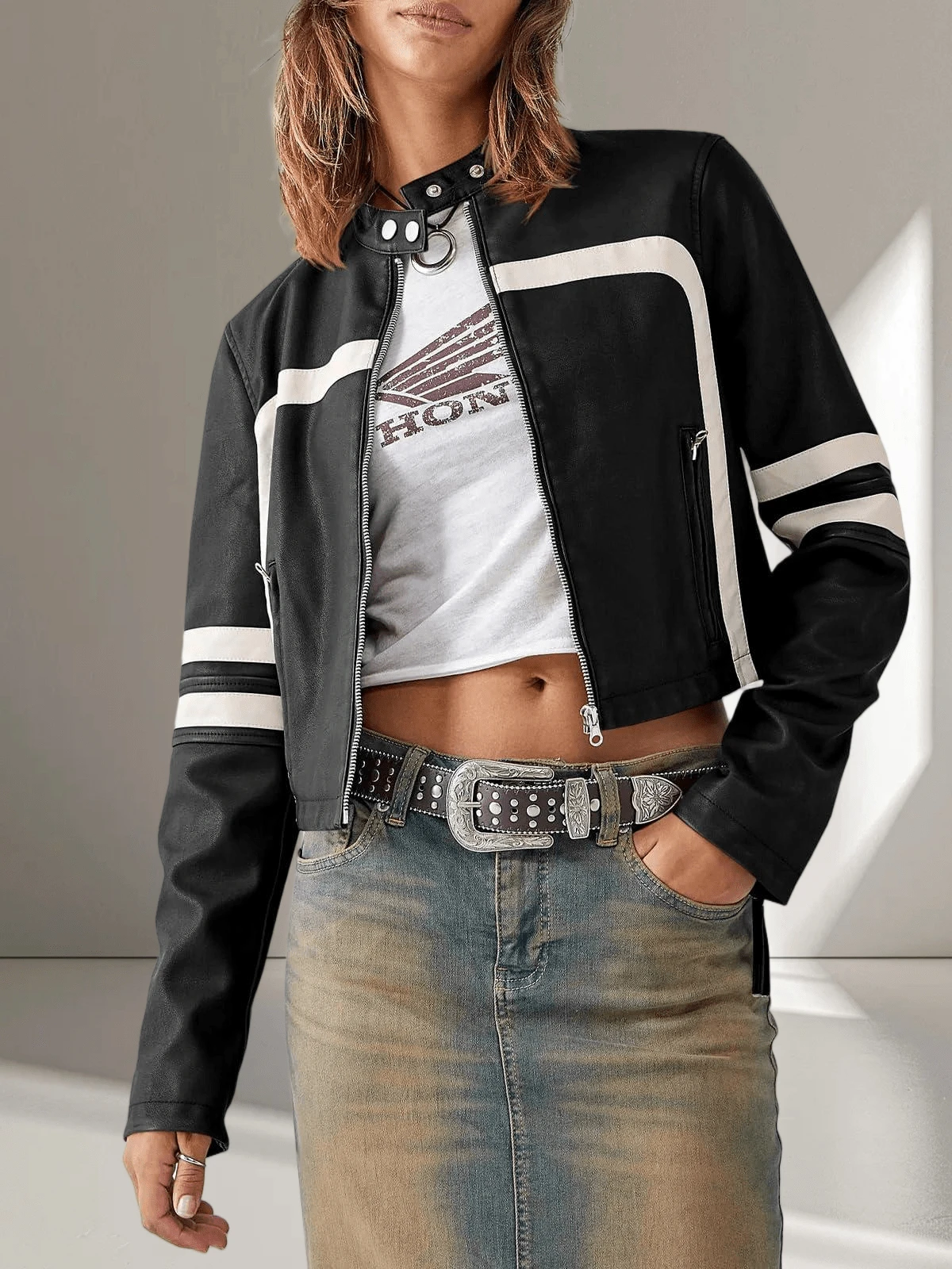 Women's Faux Leather Jackets Zip Up Stand Collar Cropped Viral Must-Have PU Coats Christmas Gift & New Year Gift - màu đen - Xem 1