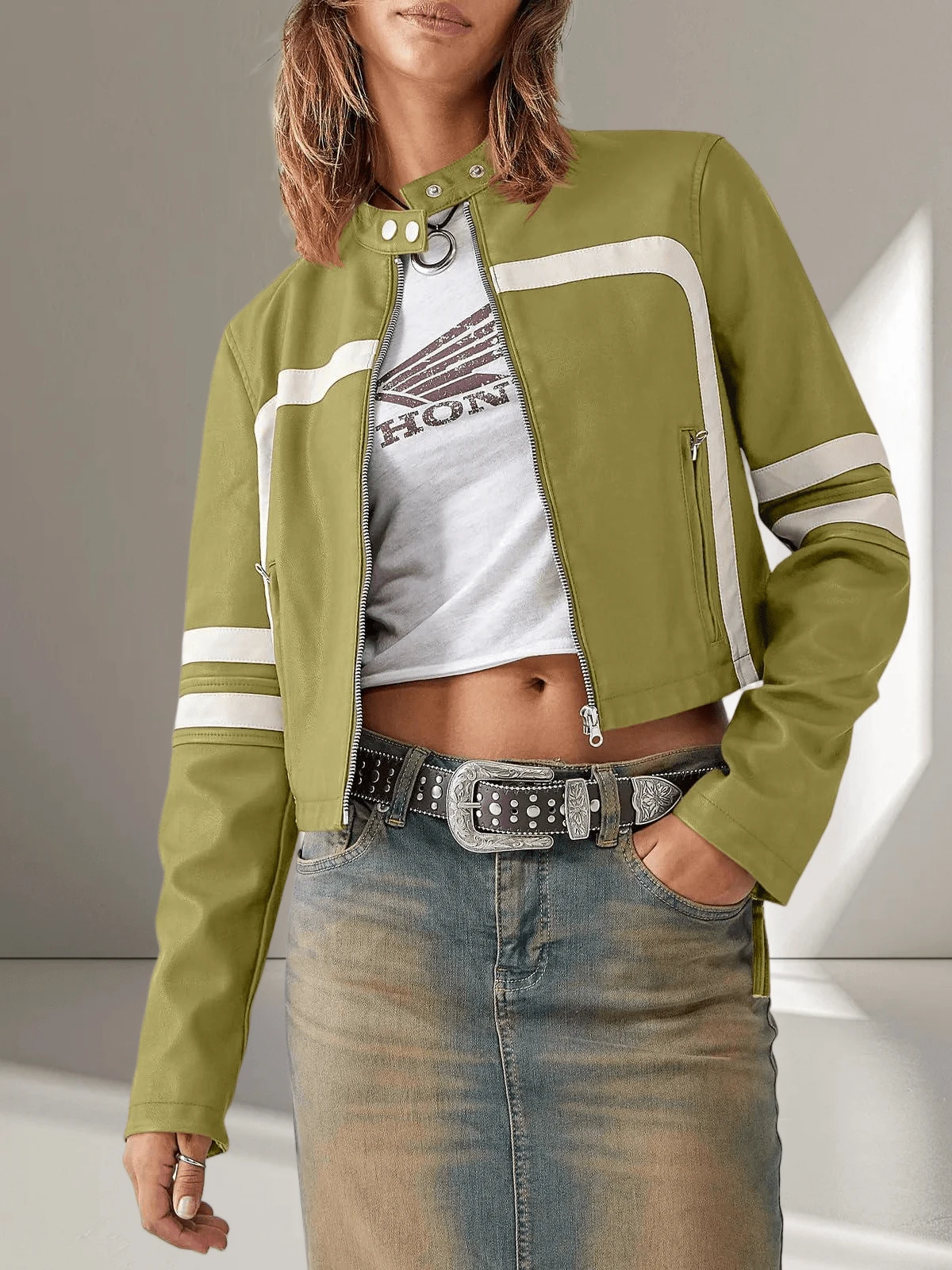 Women's Faux Leather Jackets Zip Up Stand Collar Cropped Viral Must-Have PU Coats Christmas Gift & New Year Gift - 綠色 - 查看 1