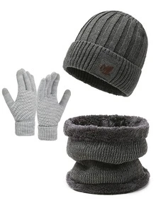3 件套冬季保暖针织羊毛内衬手套、帽子和围巾套装，适合寒冷天气，男女通用针织帽围巾套装，防风耳罩帽围巾手套保暖套装 - 彩色 - 查看 13