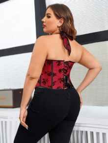 Apperloth A 加大码狂欢节美拉德天鹅绒花卉刺绣佩斯利印花系带露背连体短款上衣黑色 - 黑色 - 查看 2