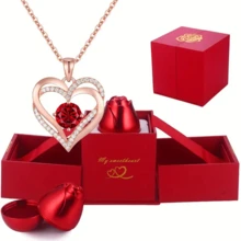 Women's Interwoven Heart Necklace - Double Heart Pendant - Red & Clear Chain With Transparent Center Accent, Elegant Gift Box - Suitable For Valentine's Day, Mother's Day, Anniversary Jewelry, Everyday Or Formal Occasions - Birthday/Valentine's Day/Wedding/Mother's Day - Delicate Chain, Year-Round Jewelry Gift For Mom, Wife, Girlfriend, Large Women's Necklace - Multicolor - View 3