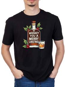 Camiseta estampada para hombre con diseño divertido navideño de botella y vaso de whisky, estilo moderno, casual, cómoda, ideal para fiestas y regalos - Negro - Ver 1