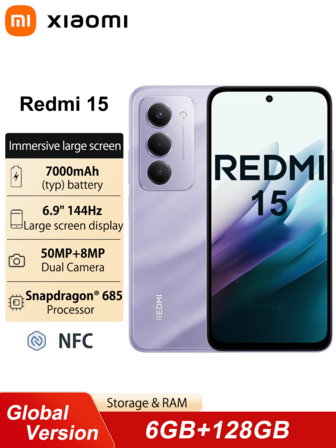 Xiaomi Redmi 15 6+128G 智能手机国际版 沉浸式 6.9 英寸 FHD+ 显示屏 50MP AI 双摄像头系统 7000mAh 大容量电池 33W 快速充电 Snapdragon® 685 移动平台
