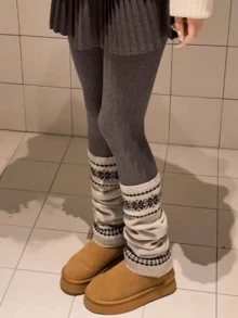 1双秋冬季白色/黑色/咖啡色/灰色/燕麦色韩式费尔岛雪花针织加厚保暖腿套，舒适 - 彩色 - 查看 10