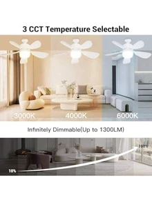 2-In-1 Plug-In Fan Light With Remote Control, Small Ceiling Fans With Lights, 3-Color Dimmable LED Bulb Fan, 1000LM, Easy To Install E26 Screw Base For Bedroom, Kitchen, Garage, Living Room - White - View 6