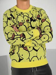 Maglione con stampa carina di anatroccoli, maglia lavorata a maglia casual e vintage oversize