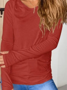 Fisoew Women's Long Sleeve Thumb Hole T Shirt Crew Neck Plain Design Casual Ruched Tee Top - Gạch đỏ - Xem 3