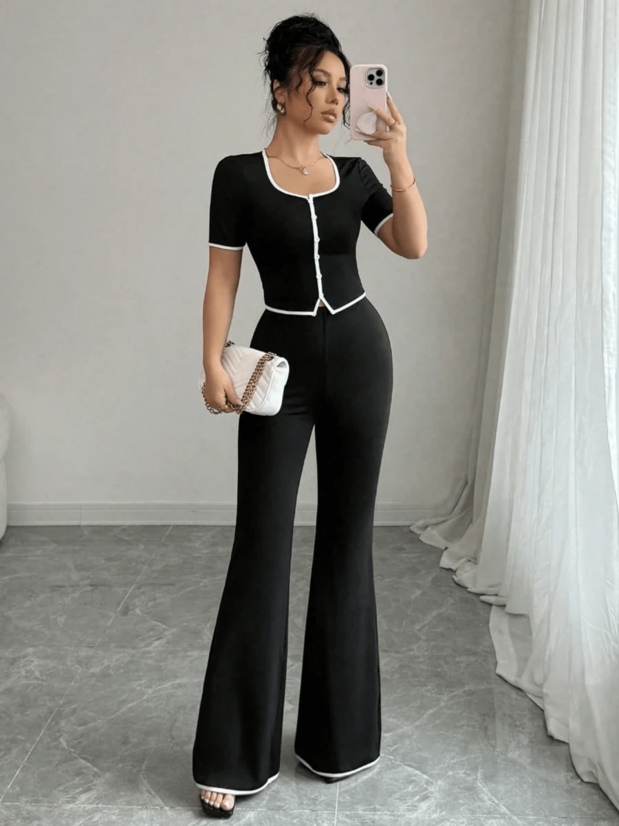Conjunto de 2 piezas para mujer con top elegante de botones delanteros y pantalones para uso casual y de oficina - Negro - Ver 1