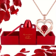 Women's Interwoven Heart Necklace - Double Heart Pendant - Red & Clear Chain With Transparent Center Accent, Elegant Gift Box - Suitable For Valentine's Day, Mother's Day, Anniversary Jewelry, Everyday Or Formal Occasions - Birthday/Valentine's Day/Wedding/Mother's Day - Delicate Chain, Year-Round Jewelry Gift For Mom, Wife, Girlfriend, Large Women's Necklace - Multicolor - View 1