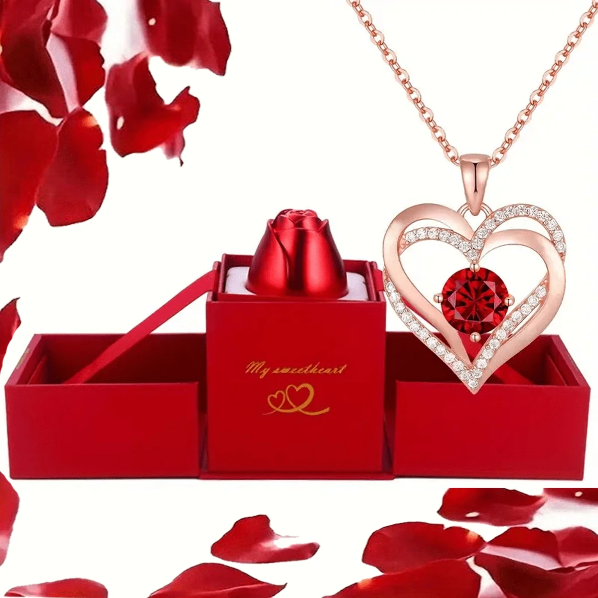 Women's Interwoven Heart Necklace - Double Heart Pendant - Red & Clear Chain With Transparent Center Accent, Elegant Gift Box - Suitable For Valentine's Day, Mother's Day, Anniversary Jewelry, Everyday Or Formal Occasions - Birthday/Valentine's Day/Wedding/Mother's Day - Delicate Chain, Year-Round Jewelry Gift For Mom, Wife, Girlfriend, Large Women's Necklace - Multicolor - View 1