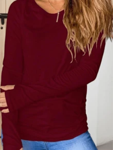 Fisoew Women's Long Sleeve Thumb Hole T Shirt Crew Neck Plain Design Casual Ruched Tee Top - Màu Đỏ Sâu - Xem 3