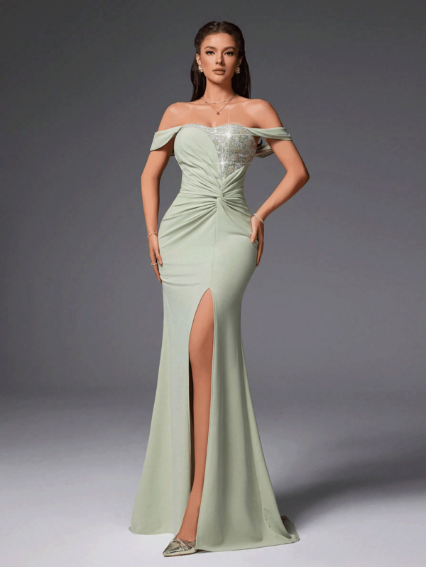 VIPGIRL Mint Green Sequin Off-Shoulder Fitted Dress, Women's Elegant Formal Evening Gown, Long Formal Dress For Wedding Guest, Sexy Mermaid Party Dress, Women's Formal Attire