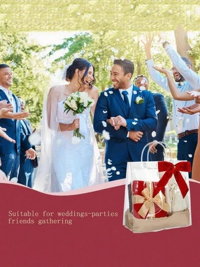 10个带提手和红色蝴蝶结的圣诞礼品袋 – 可重复使用的透明PVC礼品包装袋，非常适合婚礼、朋友聚会、化妆品包装、插花、节日派对等！