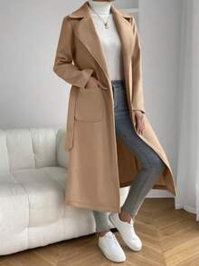 秋季女士翻领双口袋腰带长款女式外套 - 卡其色 - 查看 5