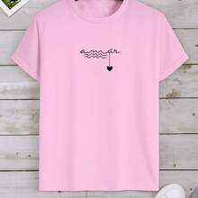 Camiseta feminina estilosa, gola redonda, manga curta, com design exclusivo de letras Amar e coração, confortável, elasticidade média, ajuste regular - Rosa Bebê - Visão 3