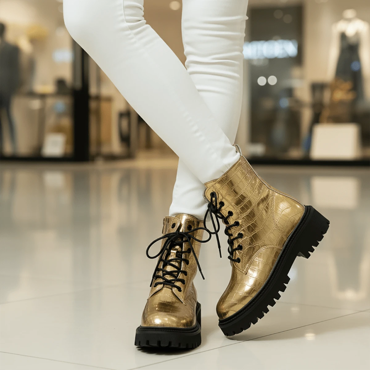 2025 New Thick Sole Lace-Up Short Boots For Women, Autumn/Winter - Gold - View 1
