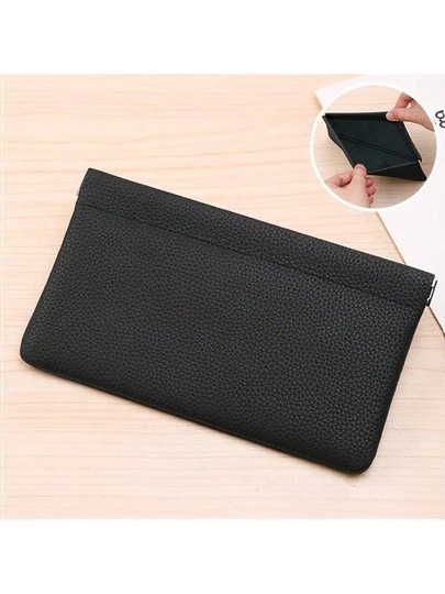 Self-Closing Top Layer Leather Long Wallet Passport Driver's License Document Holder Earphone Data Cable Storage Cash Organizer Makeup Bag Inner And Outer Faux Leather