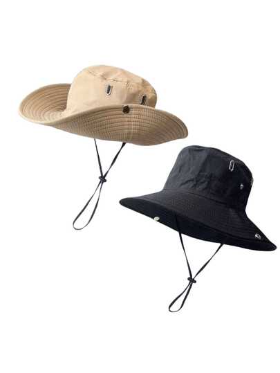 1pc Unisex Wide Brim Fashionable Sun Hat - Western Cowboy Hat, With Neck Strap, Suitable For Outdoor Cycling And Fishing, Washable, Summer
