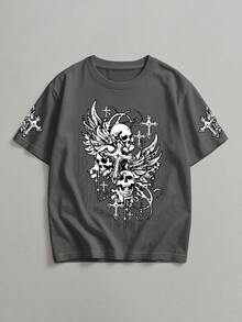 Basic Gothic Skull And Cross T-Shirt Men's Shirt - Màu xám đen - Xem 4
