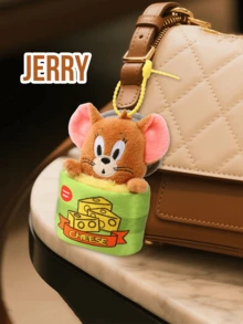 Classic Tom & Jerry Jerry Cheese Can Plush Keychain - Soft Green Fabric with Yellow Cheese Prints & "CHEESE" Text, Brown Furry Mouse (Pink Ears, Curious Expression) Emerging from Can, Yellow Elastic Strap, 20cm Height, Paired with Tom's Catpack Can, eal for Strap, 20cm Height, Paired with Tom's Catpack Can, eal for Strap, M - 傑瑞 - 查看 3